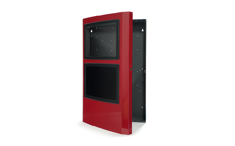 A metal enclosure with powder-coated finish in black and red.