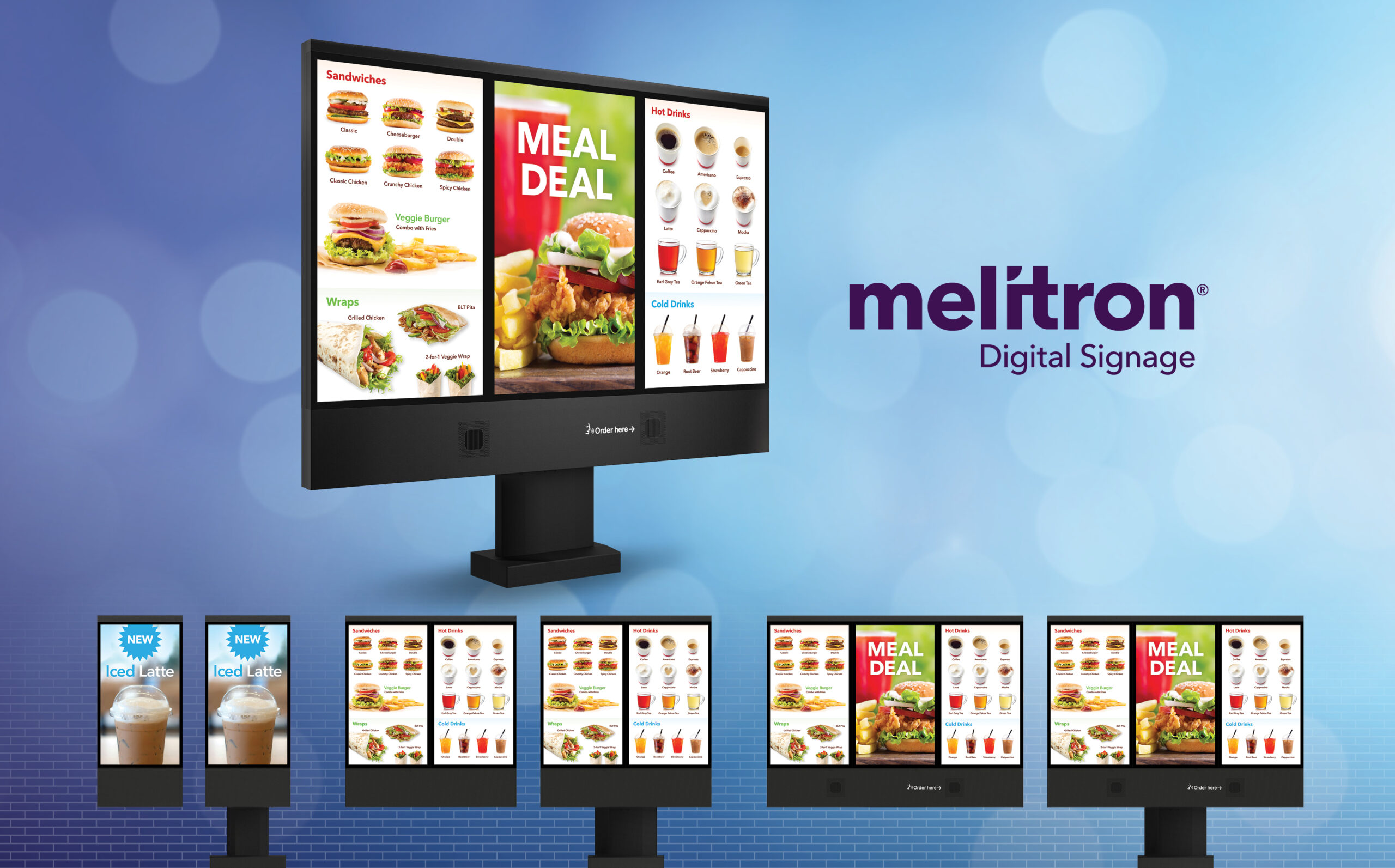 Lineup of outdoor digital signage and outdoor digital menu boards from Melitron's modular outdoor digital signage system